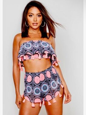 Tassel Trim Off-Shoulder Crop Top and Short Co-ord Set